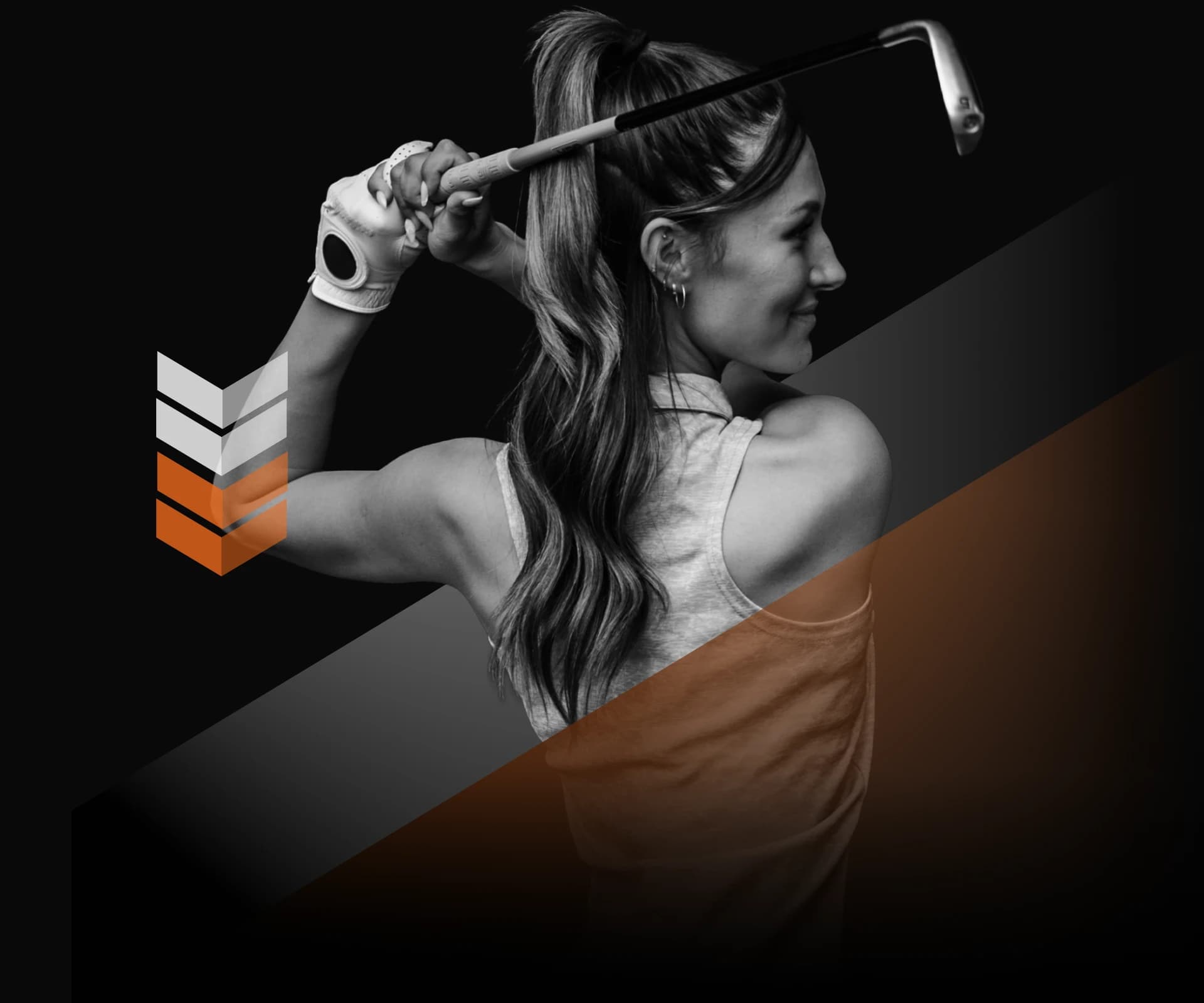 Woman swinging a golf club in a sleeveless top, with a stylized chevron design and gradient overlay on a dark background.