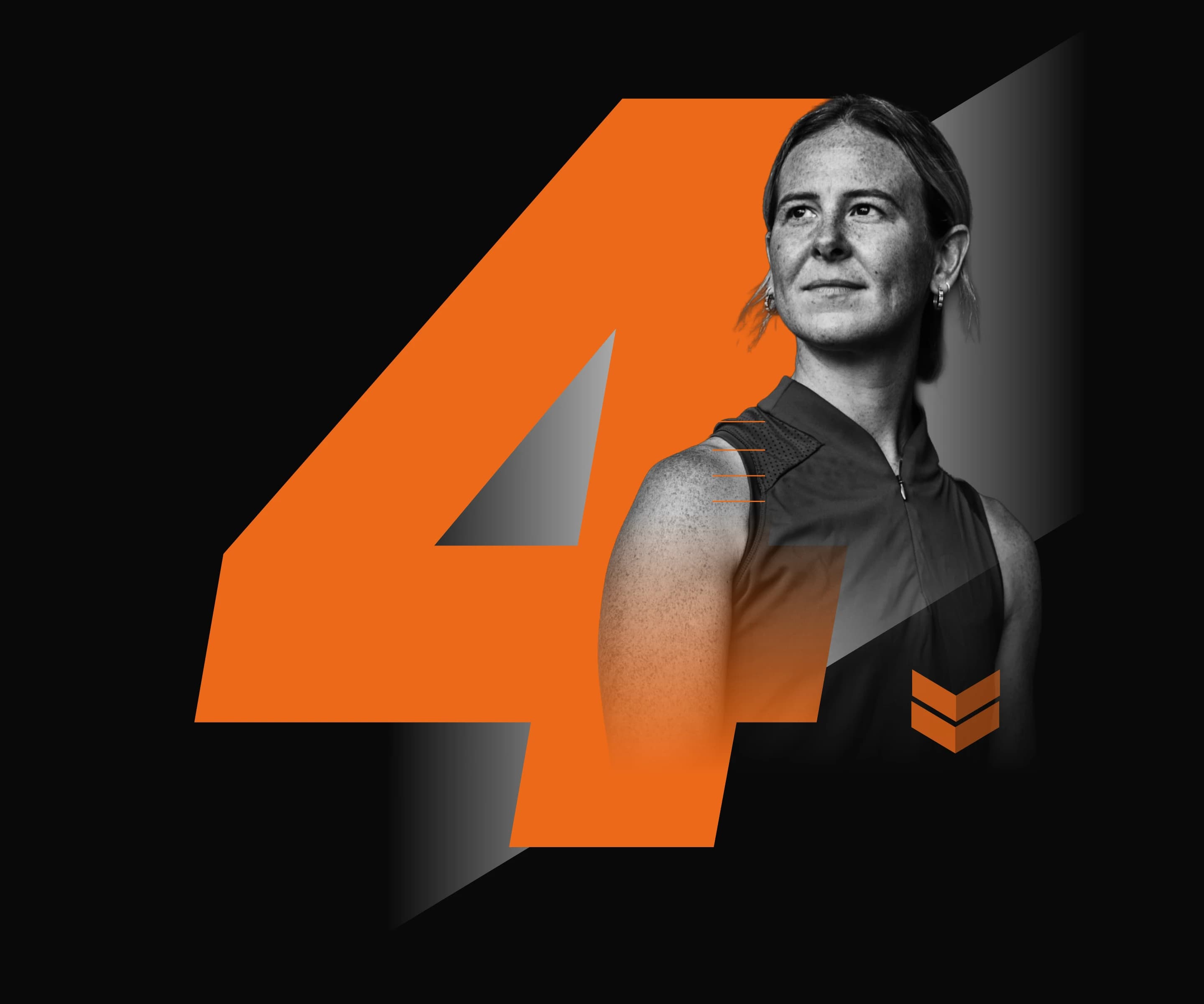 Black and white portrait of a person in a sleeveless top, overlaid on a large orange number 4 with a modern, dynamic design.
