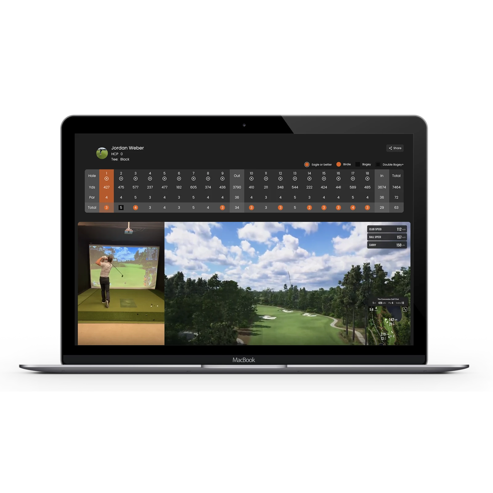 A laptop screen displays a golf simulator with a player swinging at a virtual course, alongside a detailed scorecard.