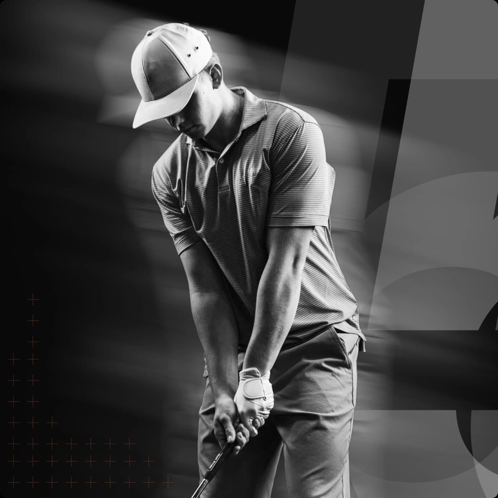 A golfer in a striped polo and cap preparing to swing, with a blurred motion effect in the background.