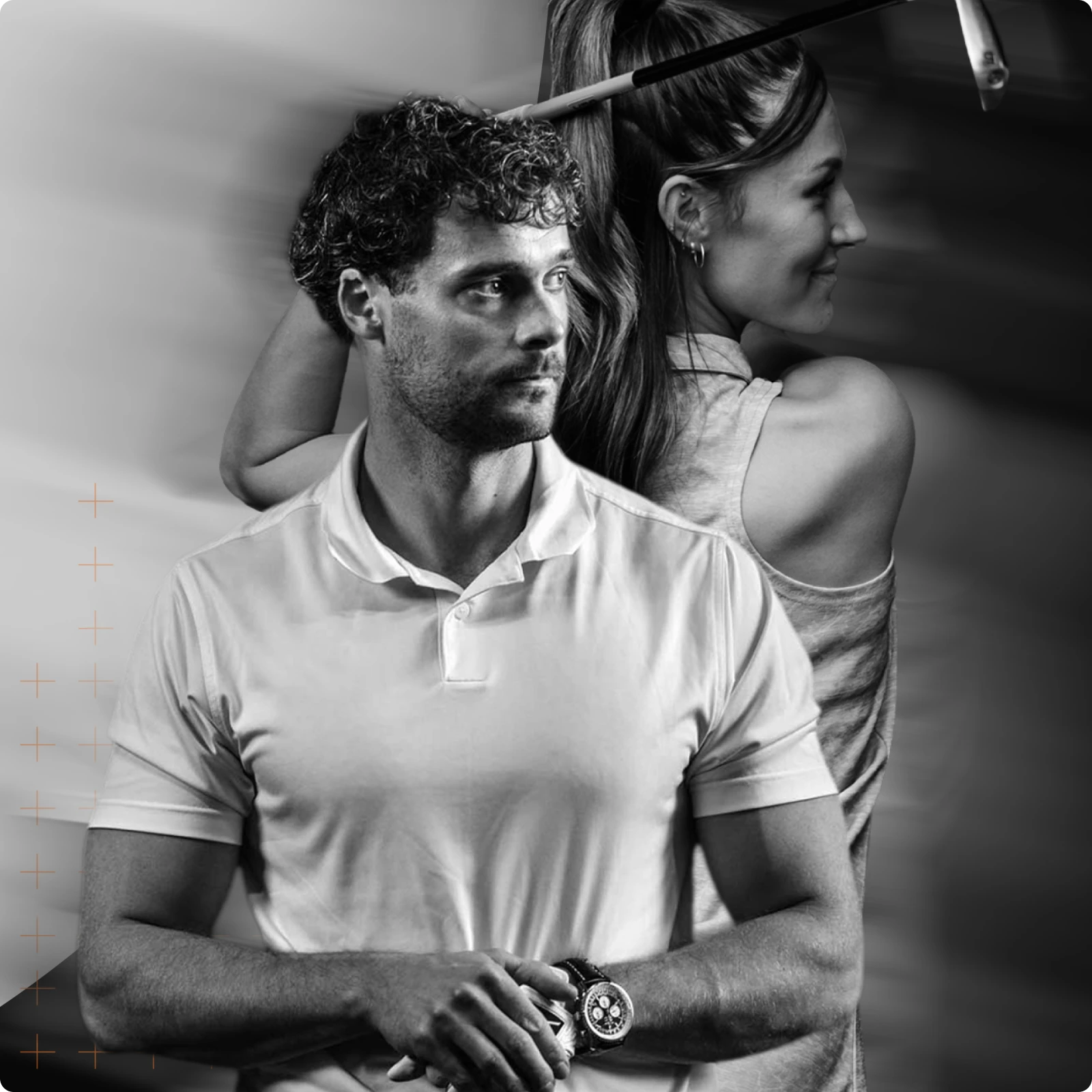 A black-and-white image of a man in a polo shirt looking forward and a woman with a ponytail holding a golf club over her shoulder, both focused.