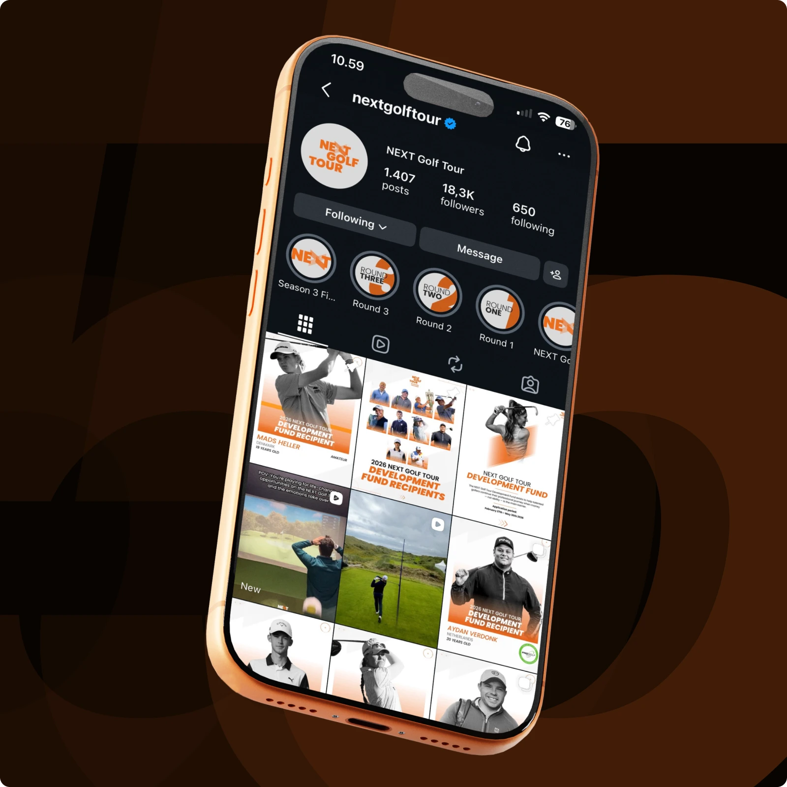 Smartphone displaying an Instagram profile for NEXT Golf Tour with posts and highlights visible against a dark brown background.