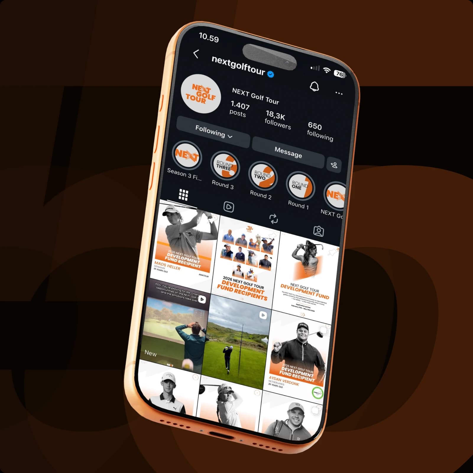 Smartphone displaying an Instagram profile for NEXT Golf Tour with posts and highlights visible against a dark brown background.