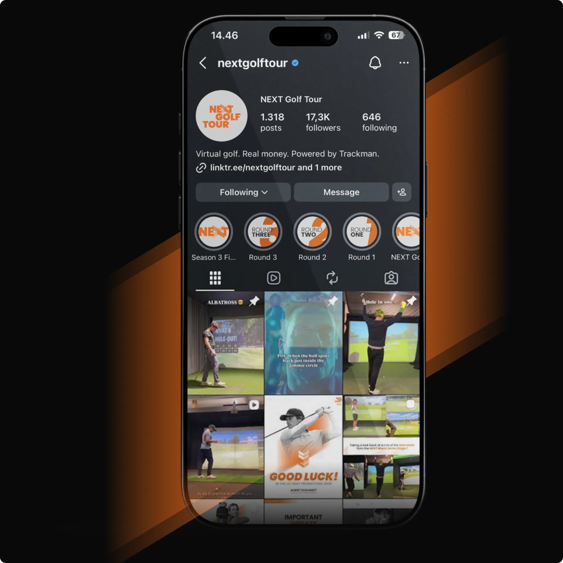 Smartphone displaying Instagram profile "nextgolftour" with posts and highlights featuring golfing content, against an orange and black background.